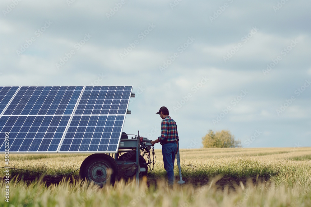 Obraz premium Farmer working with solar panels in a field under a cloudy sky. Concept for renewable energy in agriculture and sustainable farming