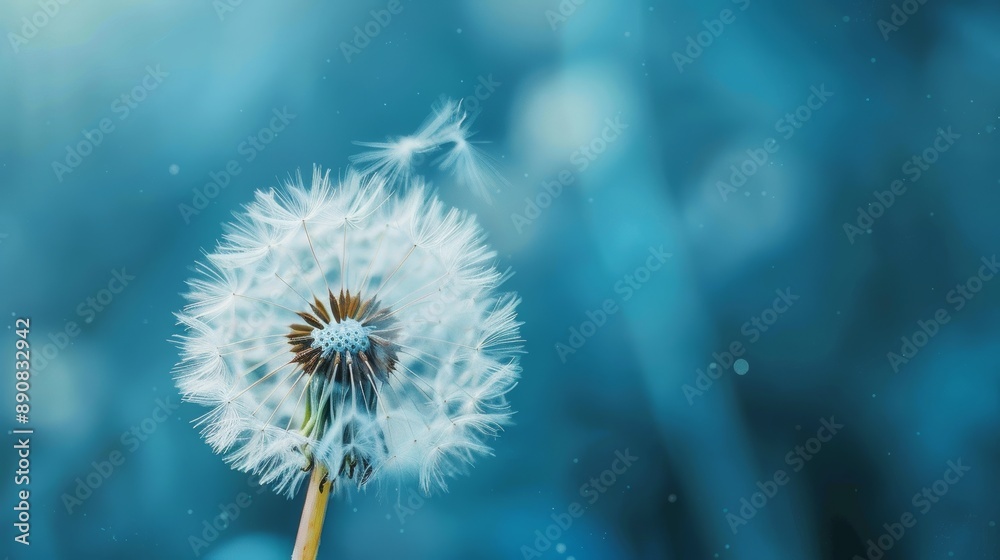 A close-up capture of a single fluffy white dandelion against a blurred blue background, illustrating the delicate beauty and transient nature of dandelions in vivid detail. A close-up capture of a single fluffy white dandelion against a blurred blue background, illustrating the delicate beauty and transient nature of dandelions in vivid detail.