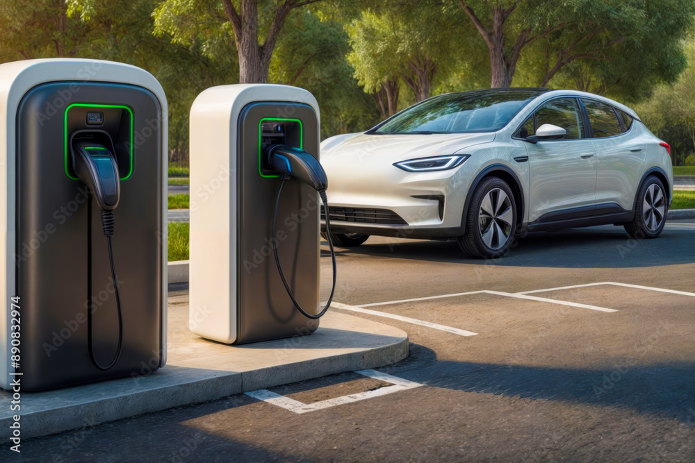 An electric car is charged in a parking lot using energy from a power plant, a clean energy charging technology. An electric car is charged in a parking lot using energy from a power plant, a clean energy charging technology.