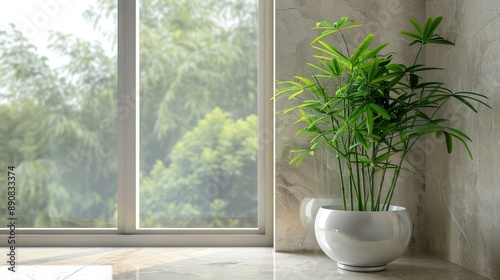 A peaceful corner with a large window, a pot of greenery, inviting nature indoors, and bathing in soothing daylight.