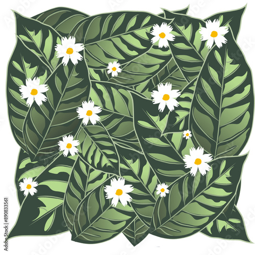 Green leaves with flowers, pattern