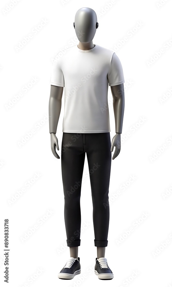 Full mannequin dressed in white tee, black jeans, and sneakers Full mannequin dressed in white tee, black jeans, and sneakers