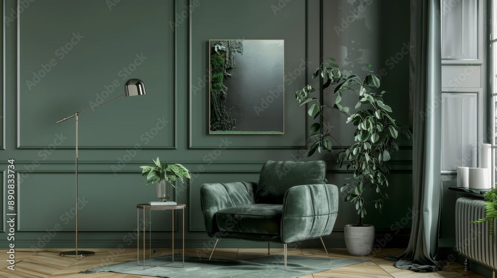 Chic living room green wall, dark gray armchair, modern metal lamp for a sophisticated ambiance Chic living room green wall, dark gray armchair, modern metal lamp for a sophisticated ambiance