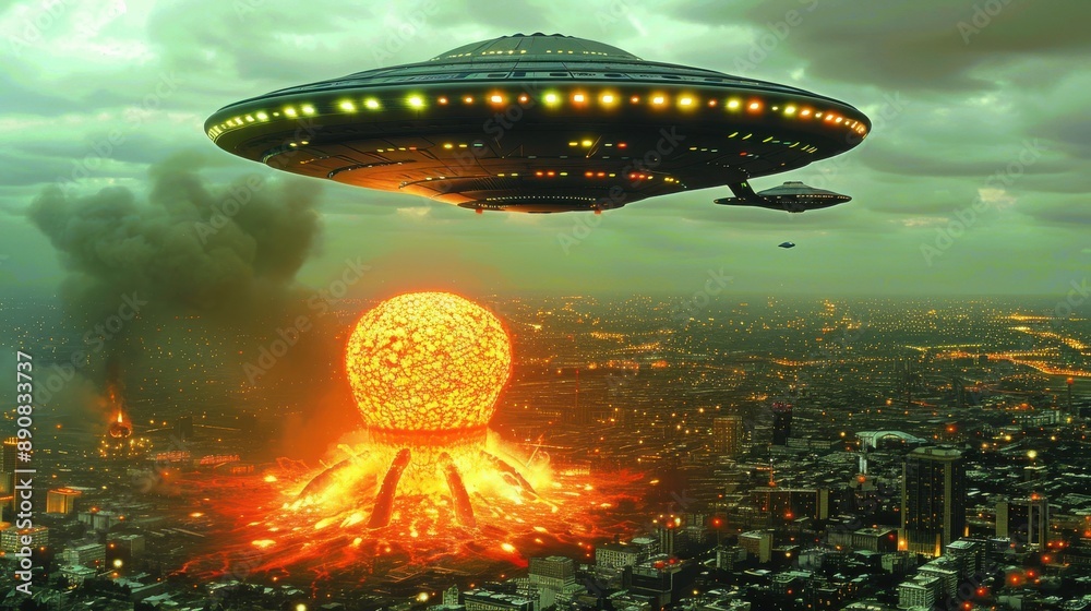 Enormous UFO Hovering Over City as Massive Alien Structure Erupts in Fiery Explosion, Creating Apocalyptic Scenario Enormous UFO Hovering Over City as Massive Alien Structure Erupts in Fiery Explosion, Creating Apocalyptic Scenario