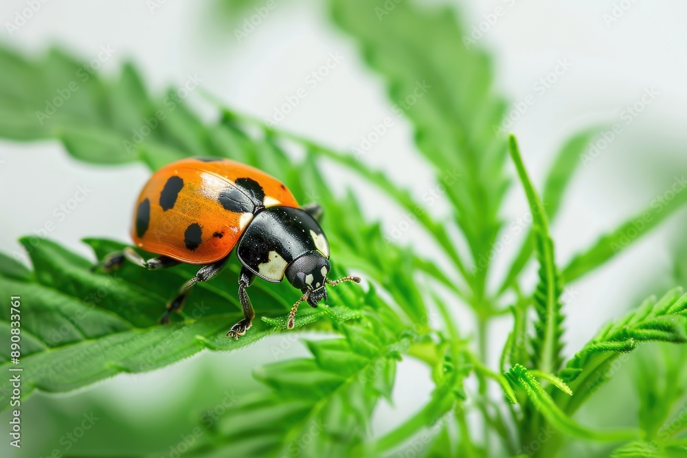 Cannabis Pest. Ladybug on Green Cannabis Plant for Pest Control Cannabis Pest. Ladybug on Green Cannabis Plant for Pest Control
