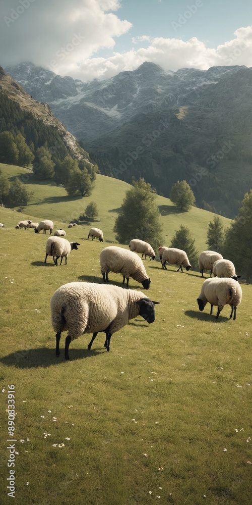 Fototapeta premium Sheep flock grazing in mountains on green grass meadow