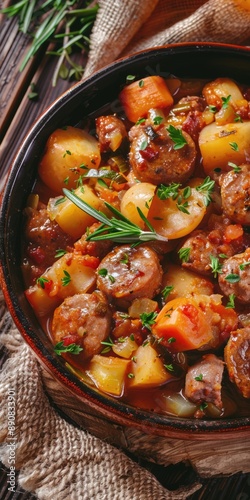 Chorizo Dish. Cape Verde National Cachupa Stew with Organic Meat and Vegetables. Top View photo