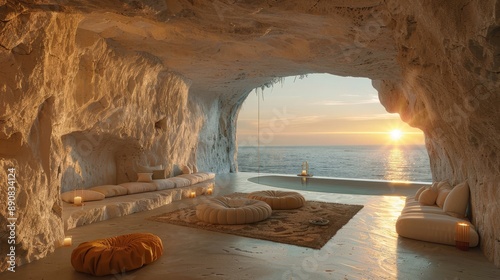 A luxurious cave dwelling with elegant seating, opening to a breathtaking sea view at sunset, exuding tranquility. photo