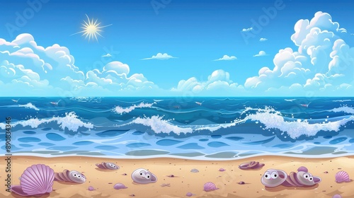 Idyllic, Sunlit Beach Scene with Blue Sky, Soft Sand, Gentle Waves, and Scattered Seashells Perfect for Summer and Relaxation Themes