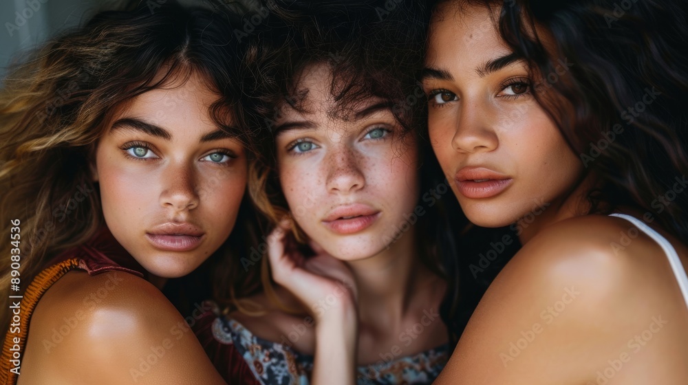 Obraz premium Three young women, each with unique features, pose closely together, showcasing a blend of beauty and diversity against a simple backdrop.
