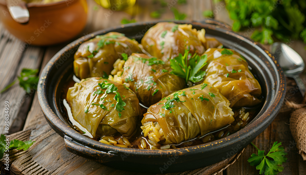 Dolma stuffed with rice and meat - greek traditional appetizer. Top view Dolma stuffed with rice and meat - greek traditional appetizer. Top view