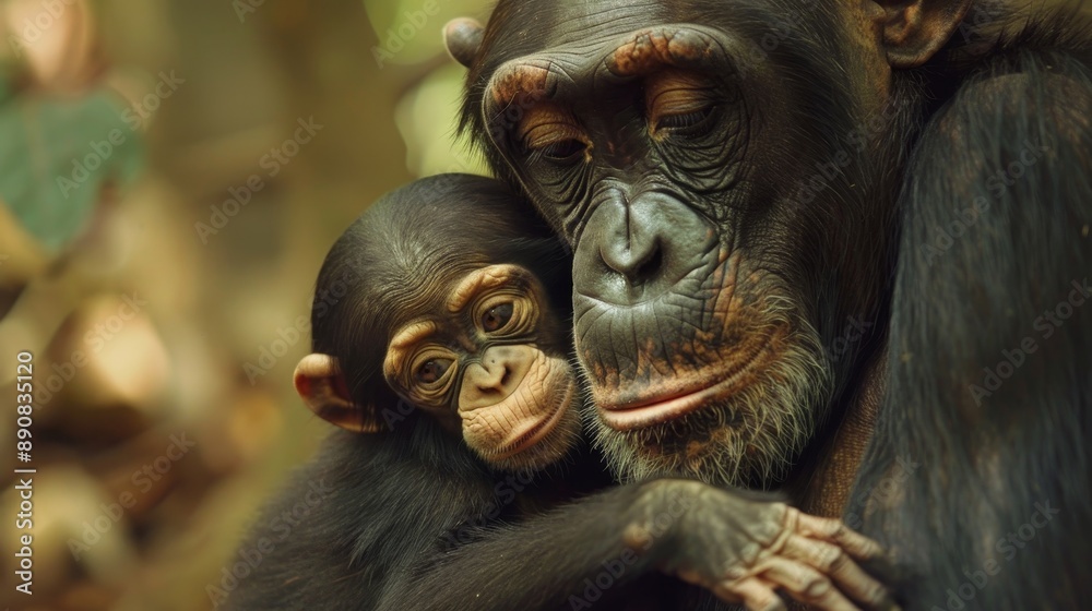 Close-up of a chimpanzee with its baby.
