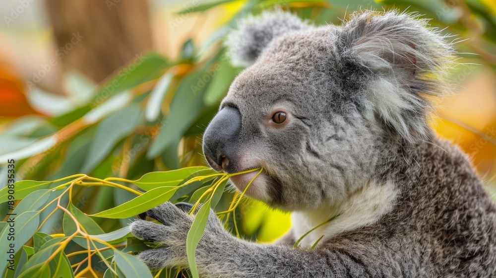 Fototapeta premium Close-up of a koala eating eucalyptus leaves. 