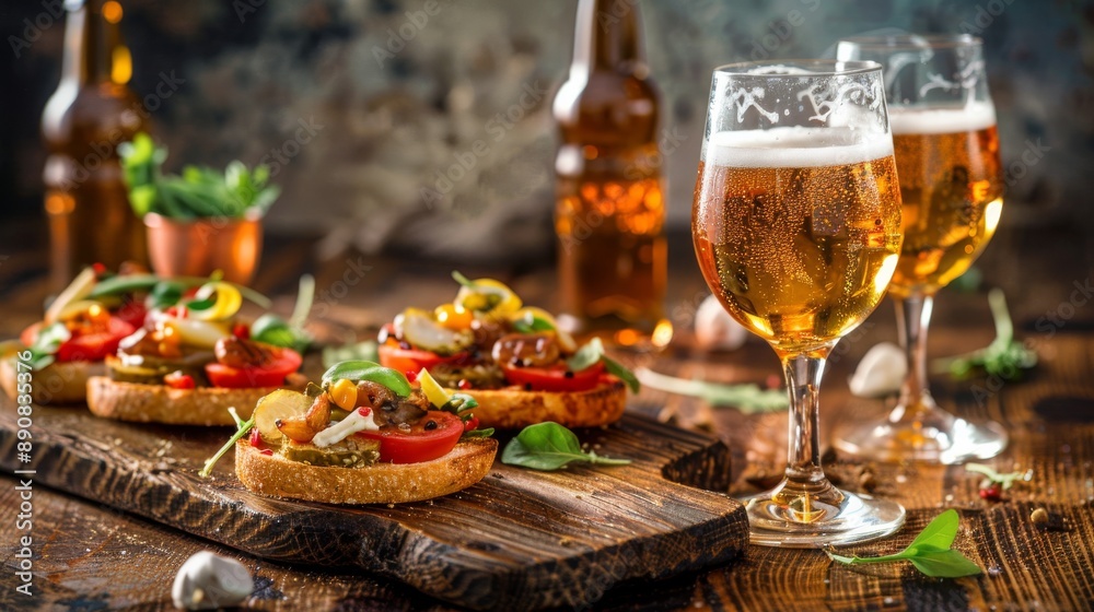 Two glasses of beer with appetizers Two glasses of beer with appetizers