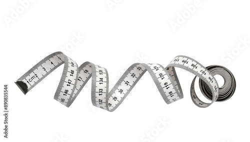 Black and white unraveled tape measure in centimeters isolated cutout on transparent