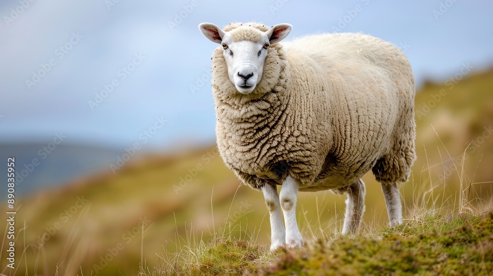 Close-up of a sheep grazing on a hill. Close-up of a sheep grazing on a hill.