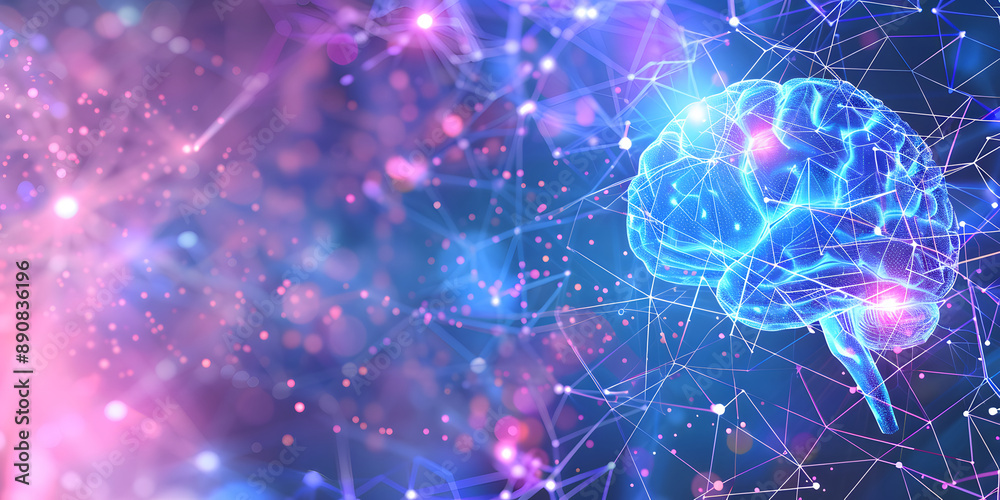 visualization of artificial intelligence in the form of a brain. abstract background in pink and blue colors visualization of artificial intelligence in the form of a brain. abstract background in pink and blue colors