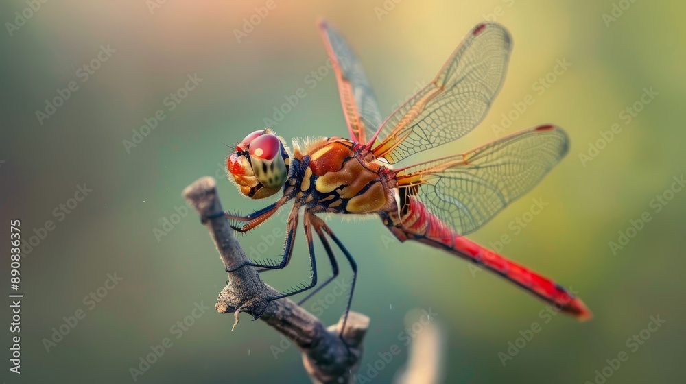 Red Dragonfly Resting on a Twig in a Green Meadow Red Dragonfly Resting on a Twig in a Green Meadow