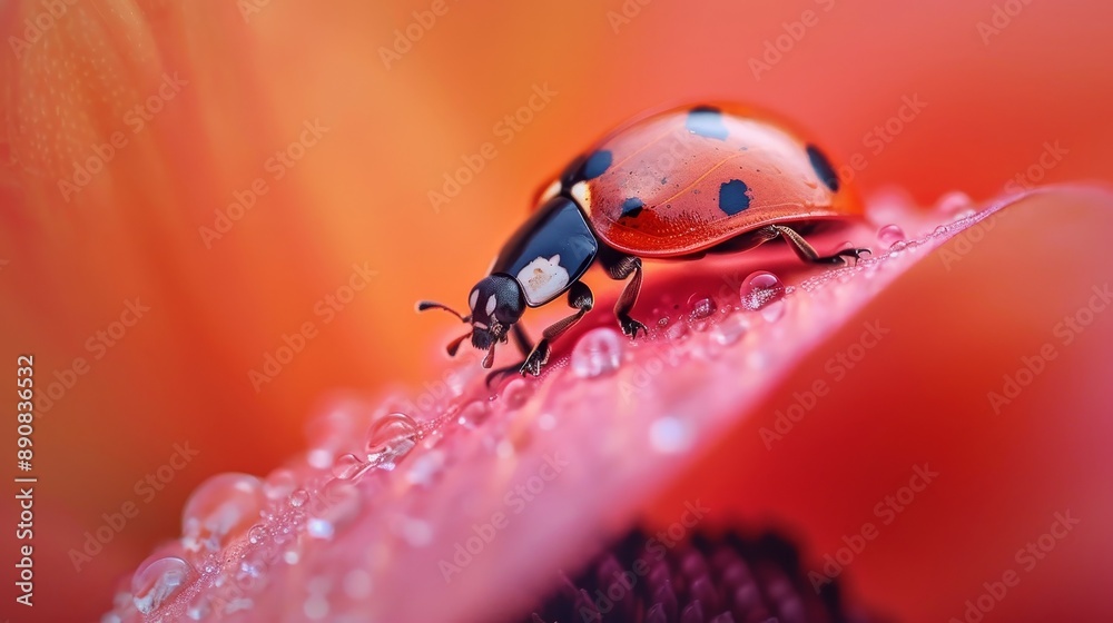 Fototapeta premium A Ladybug Walking On A Dew-Covered Petal