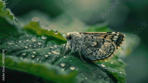 Macro shot of a moth on a leaf.