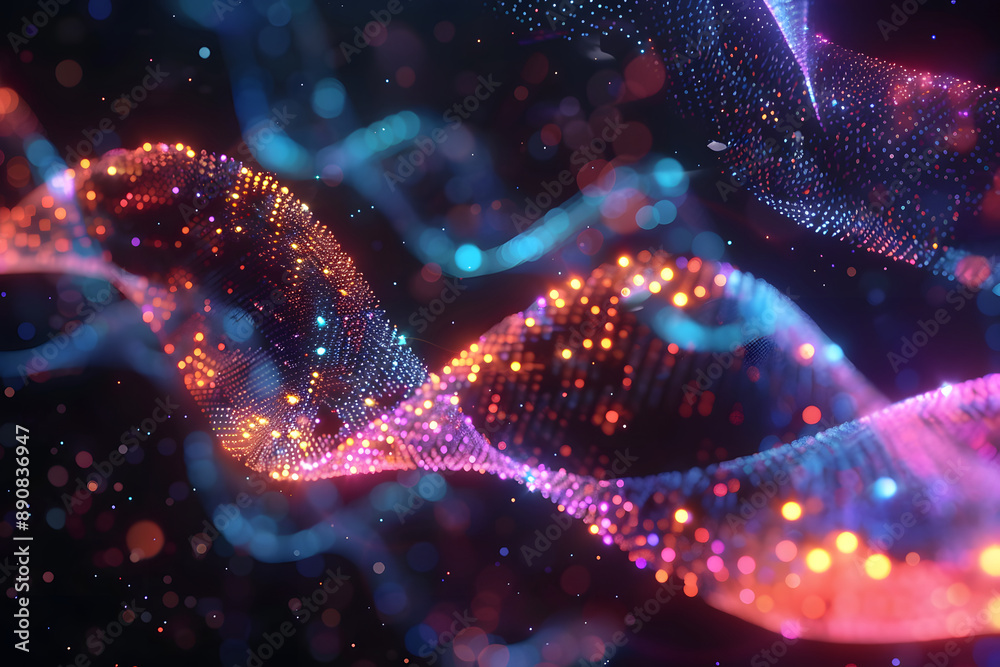 wave of dots in pink and blue colors. abstract background. dark background