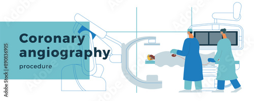Coronary Angiography Procedure. Medical Equipment. Doctor and Nurse Perform Cardiac Catheterization on Patient in Laboratory. Modern Flat Vector Illustration. Landing Page Design Template. 