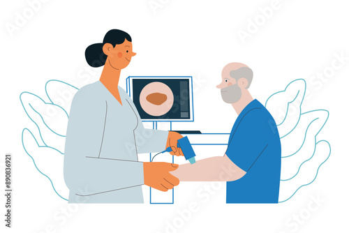 Dermatoscopy. Skin Cancer Screening. Medical Equipment. Medical Specialist Screening Patient on Birthmarks in Laboratory. Modern Flat Vector Illustration. 