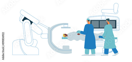 Coronary Angiography Procedure. Medical Equipment. Doctor and Nurse Perform Cardiac Catheterization on Patient in Laboratory. Modern Flat Vector Illustration. 