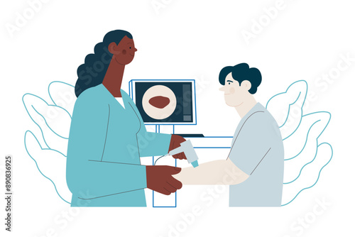 Dermatoscopy. Skin Cancer Screening. Medical Equipment. Medical Specialist Screening Patient on Birthmarks in Laboratory. Modern Flat Vector Illustration. 