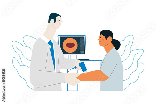 Dermatoscopy. Skin Cancer Screening. Medical Equipment. Medical Specialist Screening Patient on Birthmarks in Laboratory. Modern Flat Vector Illustration. 