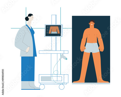 Dermatoscopy. Skin Cancer Screening. Medical Equipment. Medical Specialist Screening Patient on Birthmarks in Laboratory. Modern Flat Vector Illustration. 