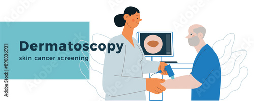 Dermatoscopy. Skin Cancer Screening. Medical Equipment. Medical Specialist Screening Patient on Birthmarks in Laboratory. Modern Flat Vector Illustration. Website Banner.