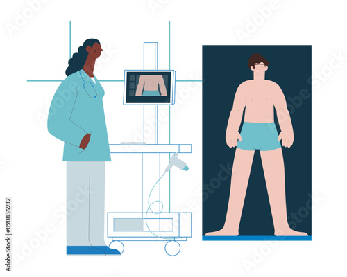 Dermatoscopy. Skin Cancer Screening. Medical Equipment. Medical Specialist Screening Patient on Birthmarks in Laboratory. Modern Flat Vector Illustration. 