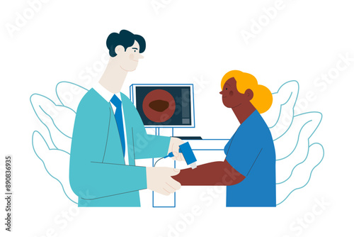 Dermatoscopy. Skin Cancer Screening. Medical Equipment. Medical Specialist Screening Patient on Birthmarks in Laboratory. Modern Flat Vector Illustration. 