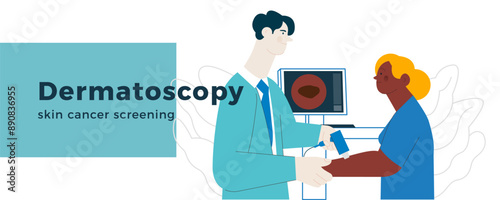 Dermatoscopy. Skin Cancer Screening. Medical Equipment. Medical Specialist Screening Patient on Birthmarks in Laboratory. Modern Flat Vector Illustration. Website Banner.