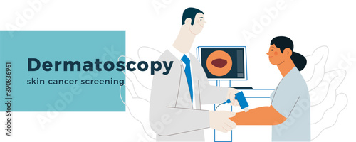 Dermatoscopy. Skin Cancer Screening. Medical Equipment. Medical Specialist Screening Patient on Birthmarks in Laboratory. Modern Flat Vector Illustration. Website Banner.