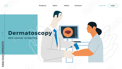 Dermatoscopy. Skin Cancer Screening. Medical Equipment. Medical Specialist Screening Patient on Birthmarks in Laboratory. Modern Flat Vector Illustration. Landing Page Design Template. Website Banner.