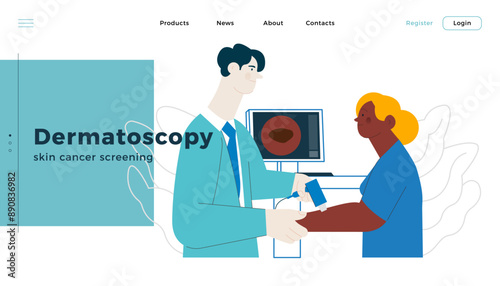 Dermatoscopy. Skin Cancer Screening. Medical Equipment. Medical Specialist Screening Patient on Birthmarks in Laboratory. Modern Flat Vector Illustration. Landing Page Design Template. Website Banner.