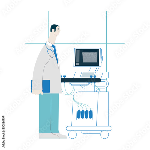 Ultrasonography Scanner. Standing Male Medical Specialist near Scanner in Medical Office or Laboratory. Medical Equipment. Modern Flat Vector Concept Illustration.
