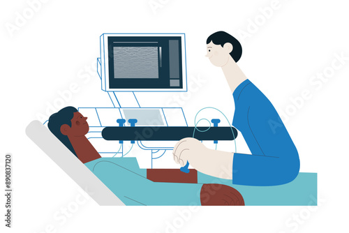 Ultrasonography Procedure. Female Medical Specialist Examining Female Patient with Scanner in Medical Office or Laboratory. Modern Flat Vector Concept Illustration. 