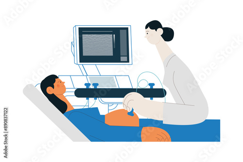 Ultrasonography Procedure. Female Medical Specialist Examining Pregnant Female Patient with Scanner in Medical Office or Laboratory. Modern Flat Vector Concept Illustration. 