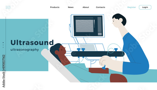Ultrasonography Procedure. Female Medical Specialist Examining Female Patient with Scanner in Medical Office or Laboratory. Modern Flat Vector Concept Illustration. Website Banner Template. 