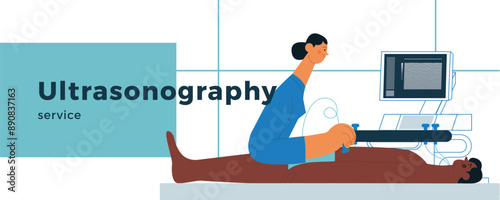 Ultrasonography Procedure. Female Medical Specialist Examining Male Patient with Scanner in Medical Office or Laboratory. Modern Flat Vector Concept Illustration. Landing Page Design Template.