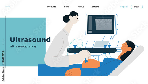 Ultrasonography Procedure. Female Medical Specialist Examining Pregnant Female Patient with Scanner in Medical Office or Laboratory. Modern Flat Vector Concept Illustration. Website Banner Template.