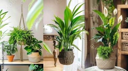 Three houseplants in woven holders are displayed in a bright interior, showcasing their lush greenery and enhancing the room atmosphere. photo