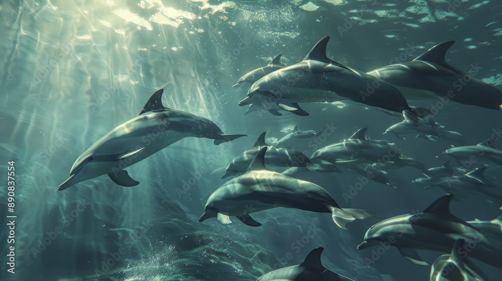 Wide shot of a group of dolphins swimming. Wide shot of a group of dolphins swimming.