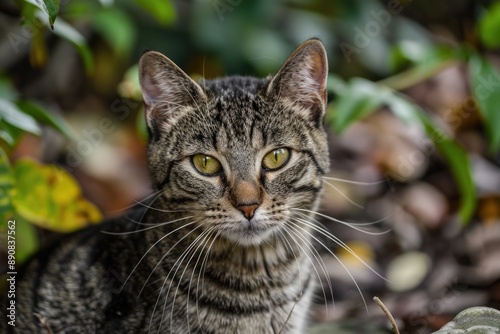 Wallpaper Mural Cat Tag. Tabby Cat with Green Eyes, Domestic Pet with Striped Grey Fur Torontodigital.ca