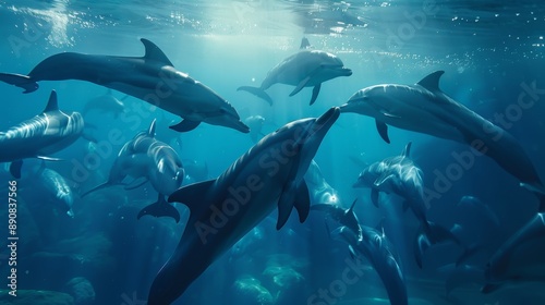 Wide shot of a group of dolphins swimming.