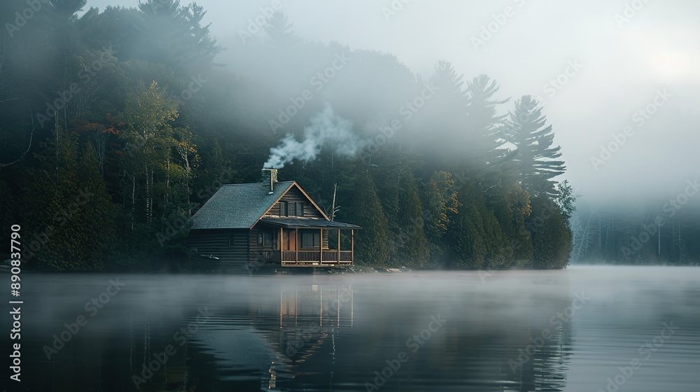 Fototapeta premium Secluded Log Cabin on a Misty Lake in the Early Morning