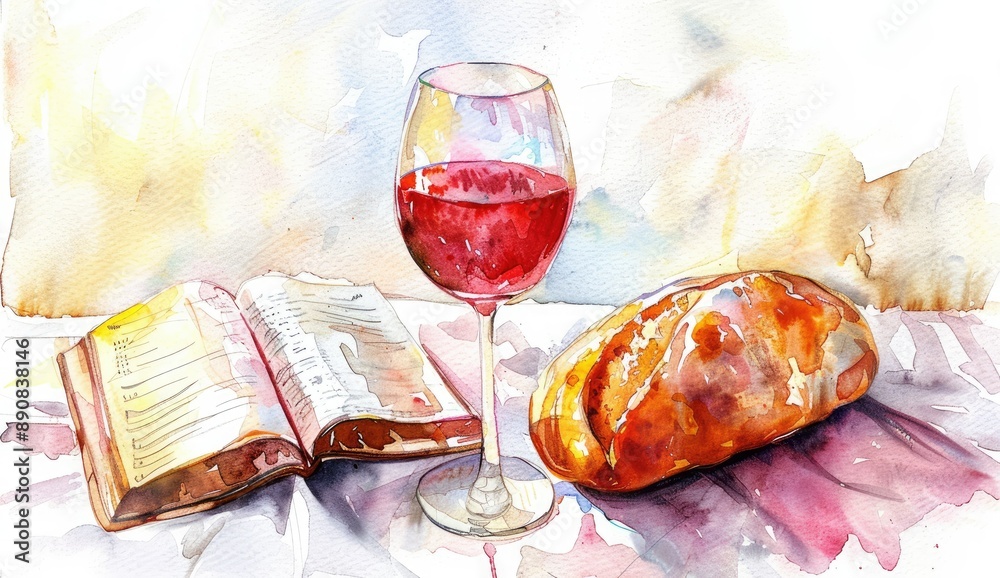 Watercolor painting of a red wine glass, loaf of bread, and an open bible book on a white tablecloth. Digital illustration. Religious and spirituality concept. Watercolor painting of a red wine glass, loaf of bread, and an open bible book on a white tablecloth. Digital illustration. Religious and spirituality concept.